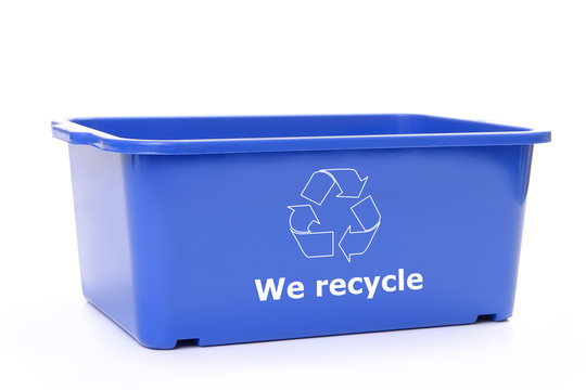Blue plastic disposal bin with white recycle symbol