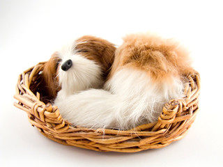 a toy dog a sleep in a straw basket