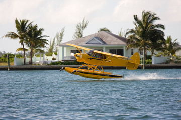 small yellow seaplane taking off close to shore