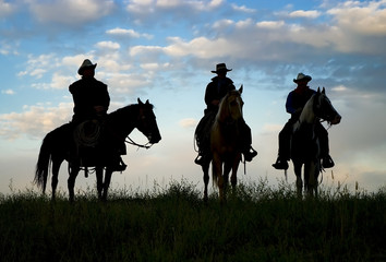 Cowboys on horseback at first light. Silhouettes