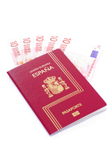 Spanish Passport with 10 curency euro on white background.