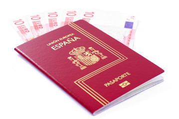 Spanish Passport with 10 curency euro on white background.
