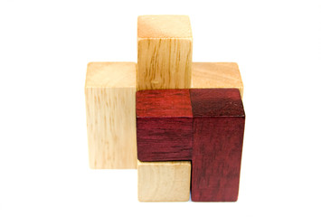 Wooden puzzle items isolated on white background