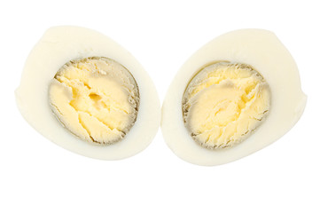 Hard boiled egg sliced in half, isolated on white background