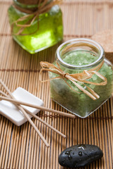 Green bath salt and incense sticks