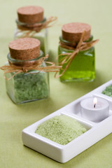 Green bath products on table
