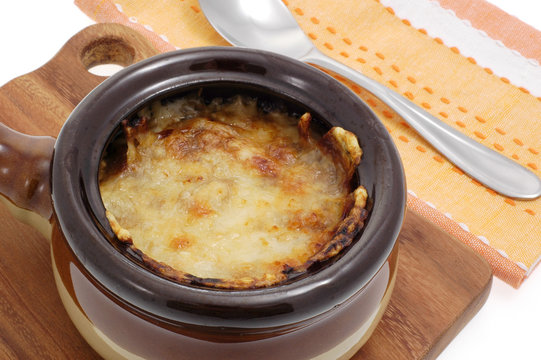 Bowl of delicious homemade French onion soup.