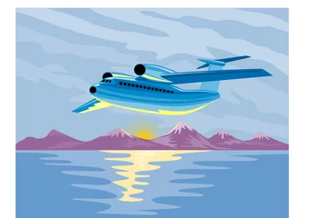  Vliegtuig dat opstijgt met met ijs bedekte bergen © patrimonio designs