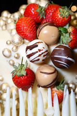 Close up of Strawberry and chocolate wedding cake.
