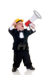 Little man, dwarf construction supervisor with megaphone,  
