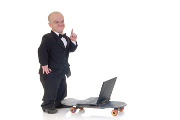 Little man, dwarf businessman high speed surfing  
