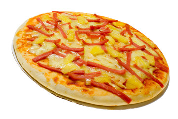 Ham and pineapple pizza isolated on white background..