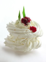 tasty merinque white cake with fruits