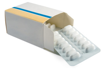Medication in a box on a white background with copy space