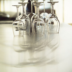 group of wine glasses on dinner table in restaurant