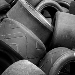 Pile of used racing car tyres