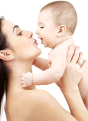 picture of happy mother with baby over white