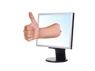Hand (thumb) and computer screen, isolated on white background