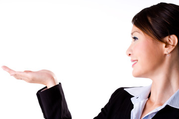 business woman smiling with an empty palm