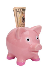 Pink piggy bank with money isolated over white