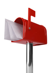 A standard red mailbox with mail and flag isolated over white