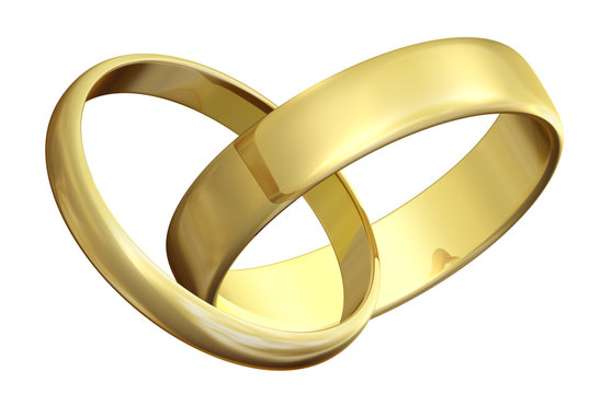 Two golden wedding rings linked together isolated