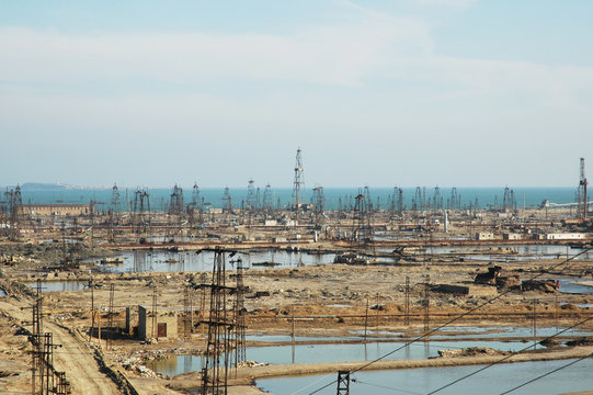 Abandoned oil derricks near Baku, Azerbaijan