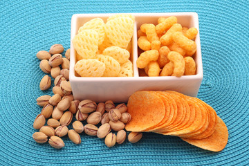 bowl of chips and pistachio - perfect snack for party
