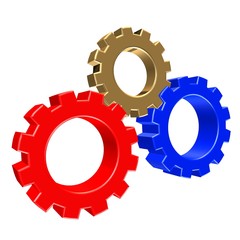 3D gears gold red and blue