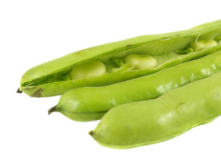 Broad bean pods with one open showing beans