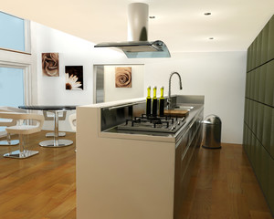 3D render of an interior of a contemporary kitchen