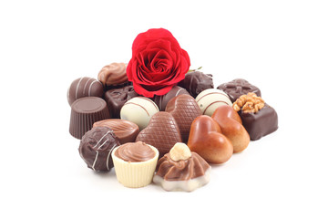 various delicious pralines isolated on white