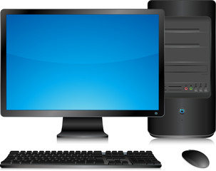 Ordinateur de bureau noir, clavier et souris sans fil © Beboy