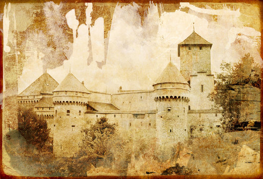 swiss castle - picture in retro style