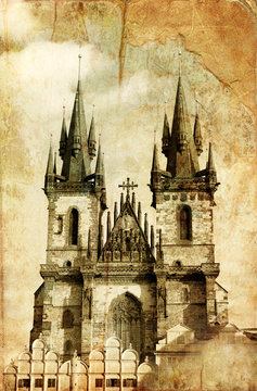 cathedral in central Prague' square - retro picture style