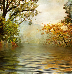 Plakaty  złote jezioro - piękny obraz w malarskim stylu