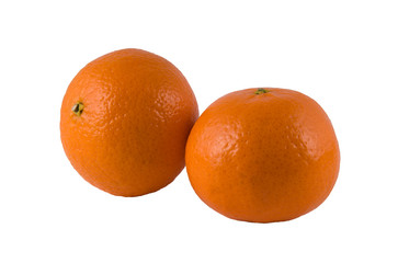 Two ripe oranges on a white background