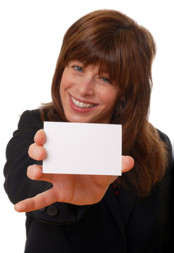 woman with blank business card, space for text