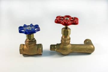 two brass gate valves over a white background