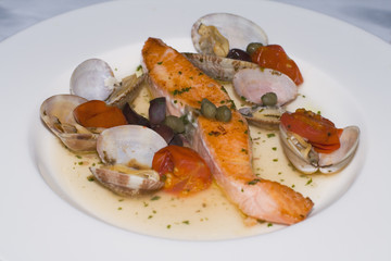 Close-up image of a plate with various sea-food.