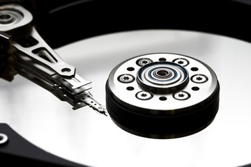 opened hard disk drive closeup