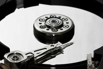 opened hard disk drive closeup