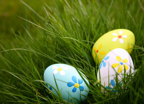 Painted Colorful Easter Eggs in Grass