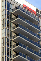 Close up view of balconies of highrise apartment building