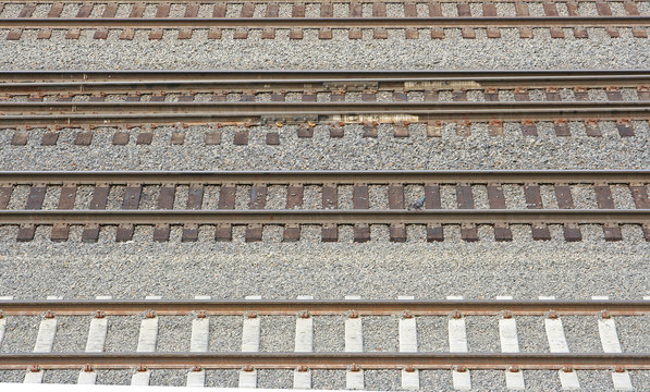 A group of four railroad tracks lying side by side