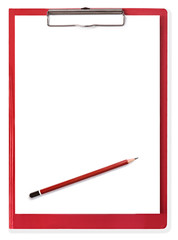 Red clipboard with pencil.   With clipping path.