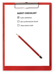 Audit checklist on red clipboard.  With clipping path.