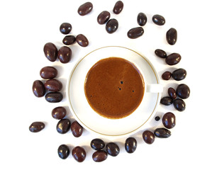 coffee in the white cup and peanut in chocolate