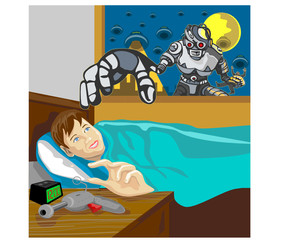 Alien invading robot about to snatch boy