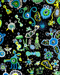 Painting of multiple aliens on black painted canvas